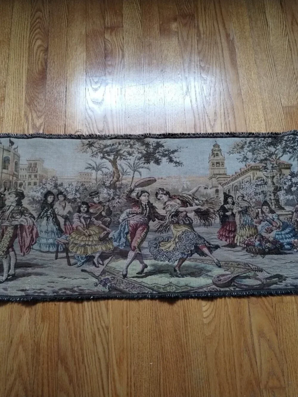 VTG Italian Wall Hanging Wide Tapestry Depicting Town Square Socializing & Party